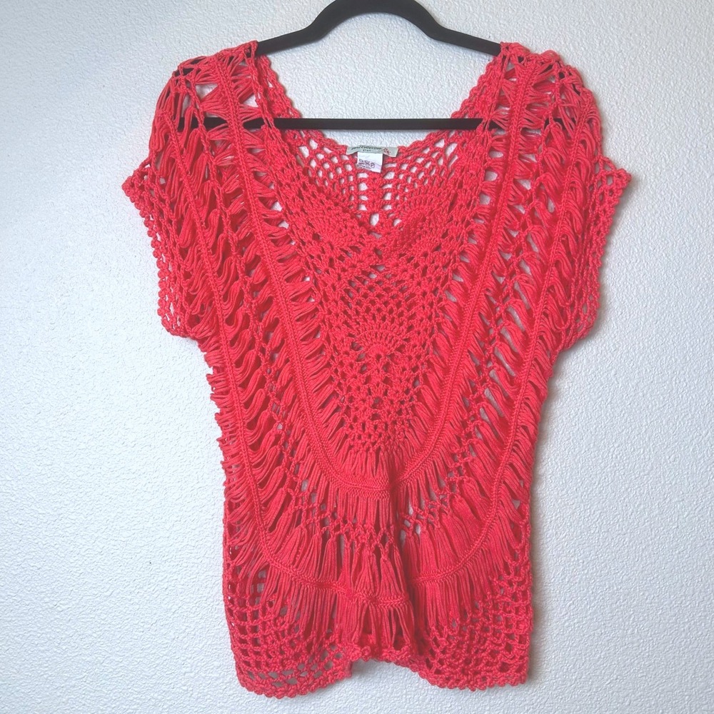 Vivid Collection Coral Crochet Knit V-Neck Top Short Sleeve L Boho Chic Festival